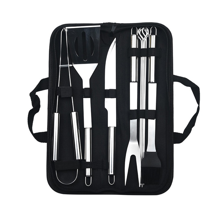 Set 9 multifunctional ustensile pentru gratar, Darklove, Design cu carlig de agatat, curatare usoara, usor de transportat cu buzunare de depozitare, potrivit pentru gatit in interior sau in aer liber, Otel inoxidabil, Negru/Argintiu