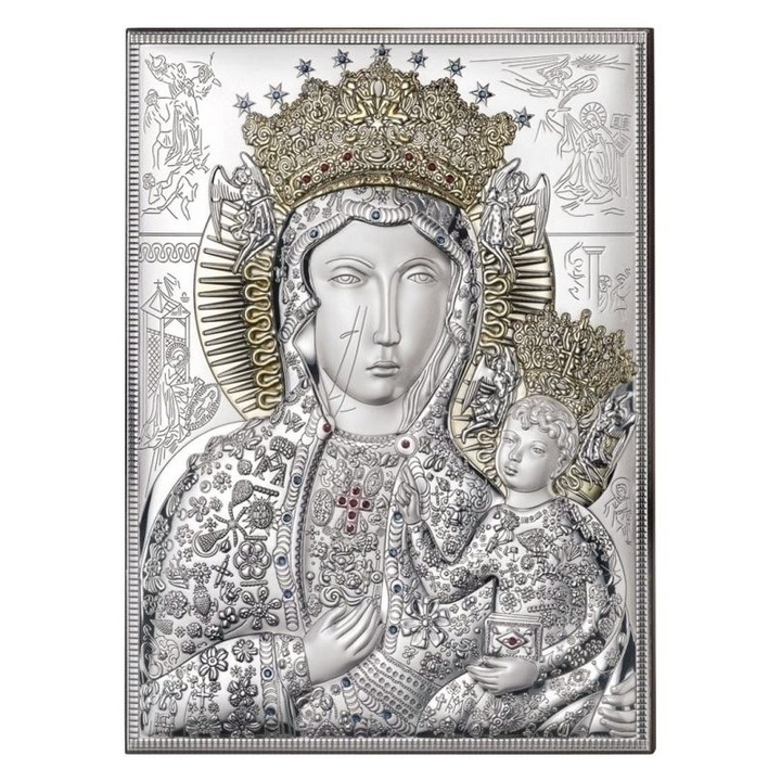Icoana Maica Domnului, Valenti, Argint, Model catolic, 13x18 cm, Argintiu/Auriu