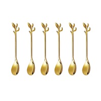Set 6 lingurite Leaf pentru cafea, Darklove, Potrivit pentru ceai, cafea, inghetata, prajituri, maner in forma de frunzulita, procesul de placare, usor de curatat, otel inoxidabil, 11.8 cm, Auriu