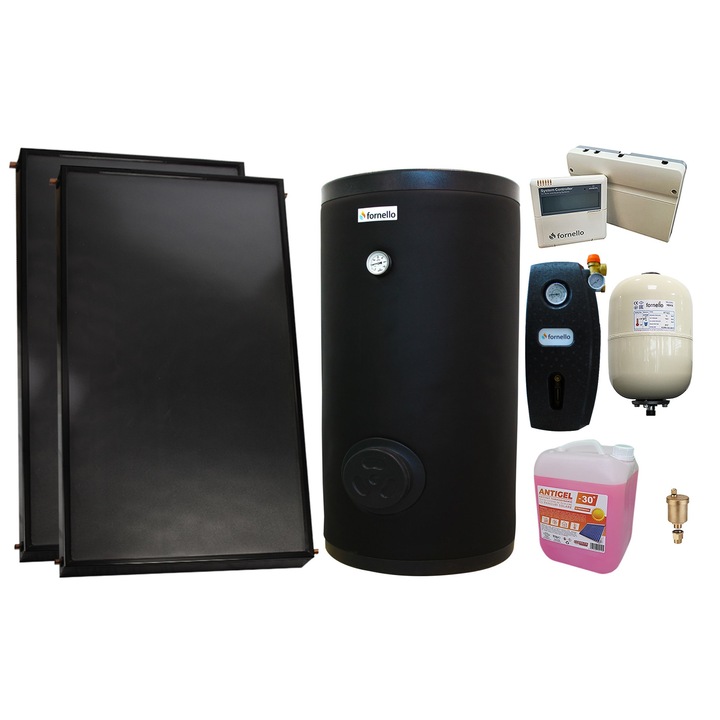 Set sistem solar presurizat, 2 x Panou solar plan Fornello 2.0 m² SPFP, Boiler cu 2 serpentine FORNELLO SOL 200 LT 2S, grup pompare, controller, vas expansiune, antigel, aerisitor