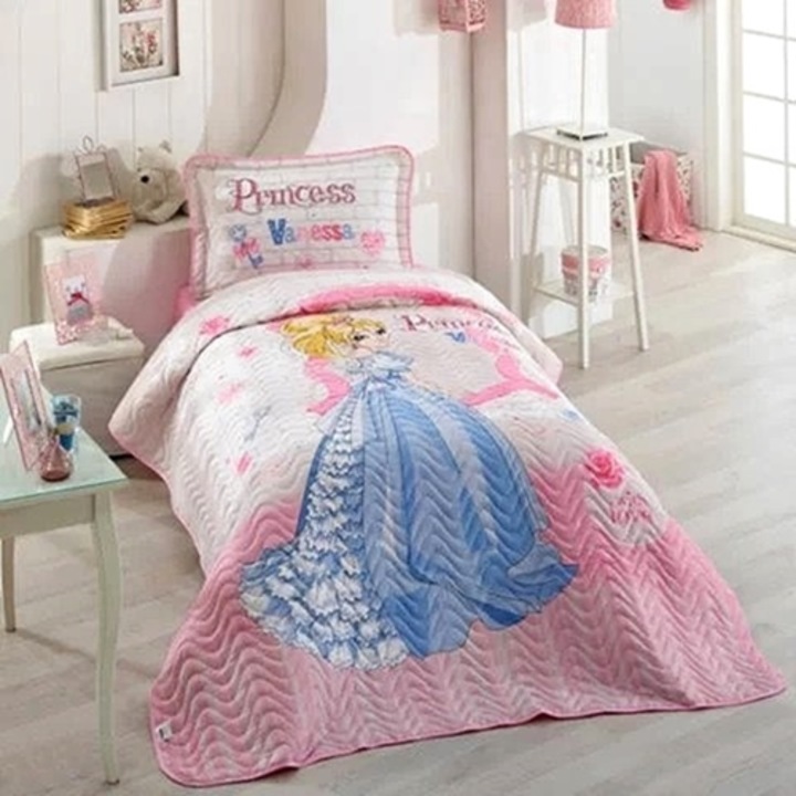 Cuvertura de pat single si 1 fata de perna, bumbac, 3 piese, matlasata, multicolor, Ralex Pucioasa, 180x240cm, LDP-CVR-1PAX-1004