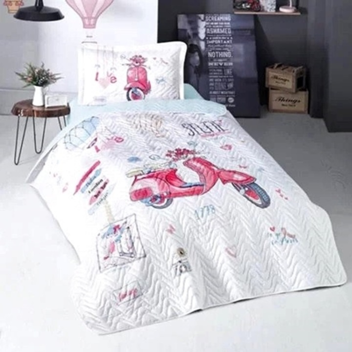 Cuvertura de pat single si 1 fata de perna, bumbac, 3 piese, matlasata, multicolor, Ralex Pucioasa, 180x240cm, LDP-CVR-1PAX-1006