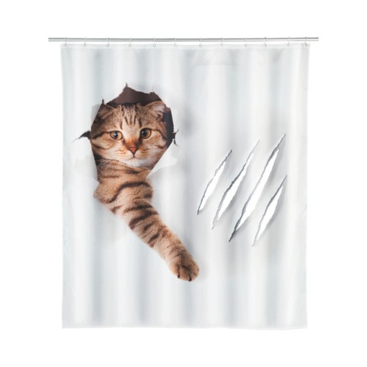 Perdea de dus Wenko Cute Cat, 180x200 cm, PES, alb