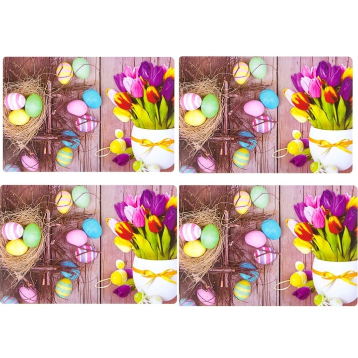 Set suport farfurie pentru masa, cu model de Paste, imprimeu oua colorate si lalele, Multicolor, 4 bucati, 45x30 cm