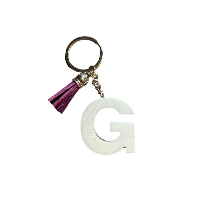 Breloc Gentelo cu initiala G White, design 3D, lungime 4 cm