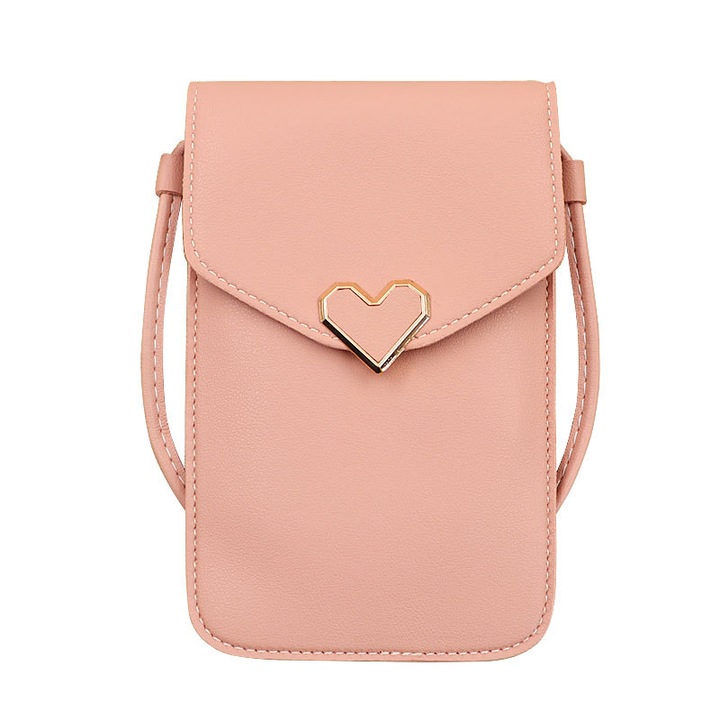 Telefon táska érintőképernyős ablakkal, szív dekorációval, rózsaszín, különböző méretek