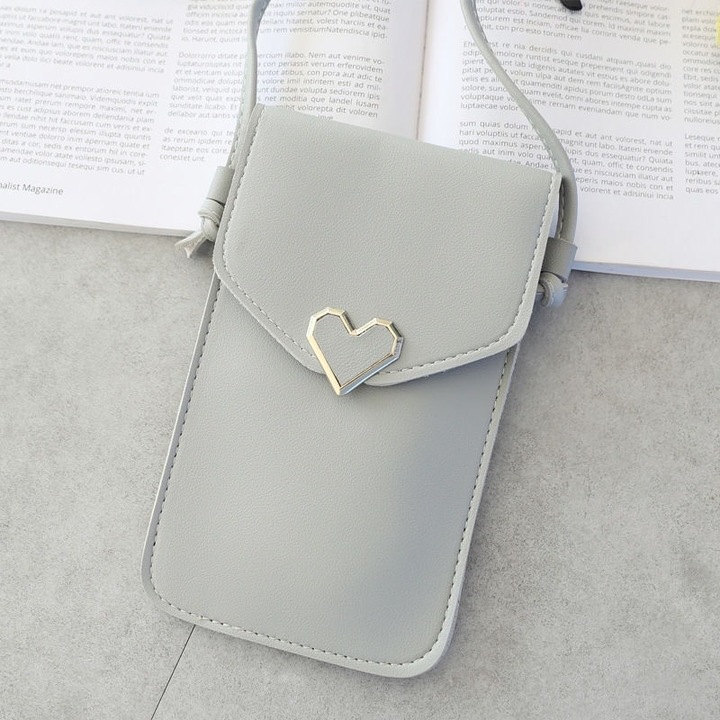 Geanta de dama pentru telefon din piele ecologica, model pentru umar cu inimioara, spate transparent, Tessero, dimensiune 19.5x14x3 cm, gri
