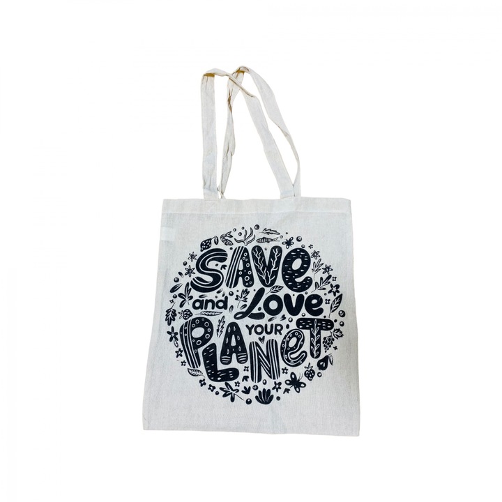 Pamut bevásárlótáska hosszú fülekkel, Save and Love you Planet nyomattal, mérete 37×41 centiméter