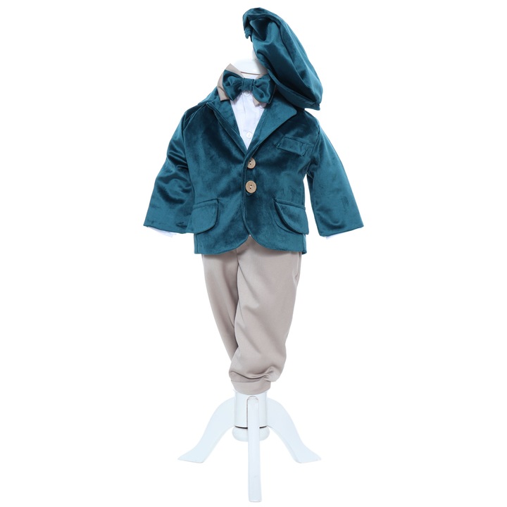Costum verde smarald din catifea pentru botez de baieti, 5 piese, Recostore®, REC2382, 9-12 luni