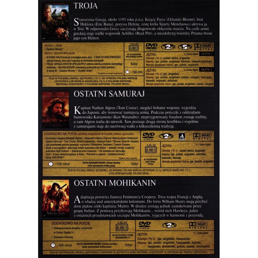 Troja / Ostatni Mohikanin / Ostatni Samuraj nowe wydanie [BOX] [4DVD ...