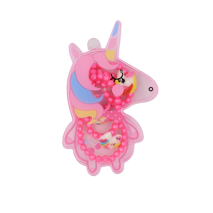 Set de bijuterii cu inel, bratara si colier, fetite unicorn fucsia