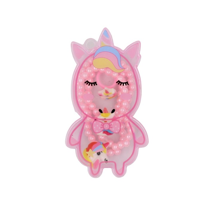 Set de bijuterii cu inel, bratara si colier, fetite unicorn roz