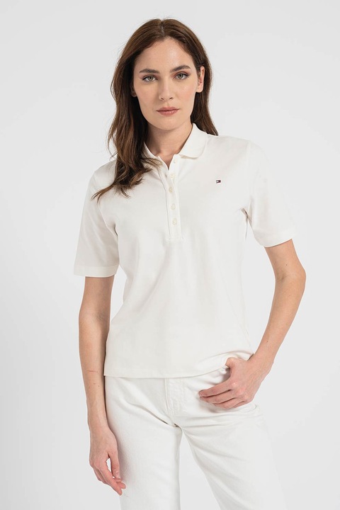 Tommy Hilfiger, Normál fazonú organikuspamut galléros póló, Fehér