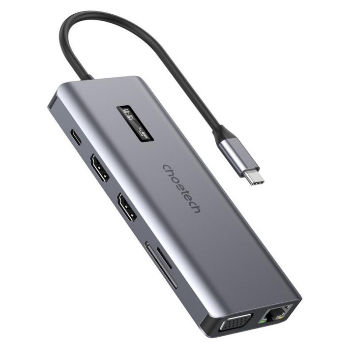 12в1 Хъб Choetech с дисплей, USB-C към USB-C, USB-A, HDMI, VGA, AUX, SD, TF, сив (HUB-M26)
