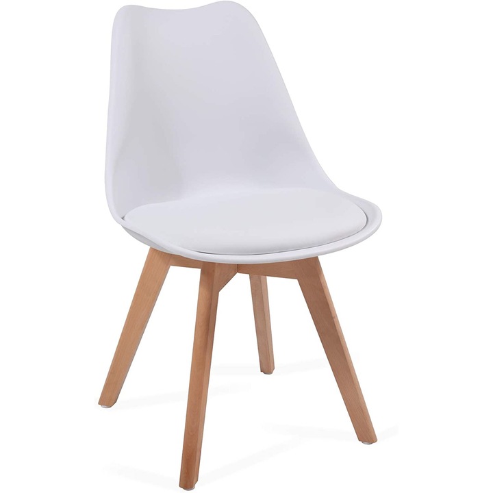 Set 2 scaune dining / bucatarie, lemn/PP, perna sezut, 82 x 48 x 57 cm, alb