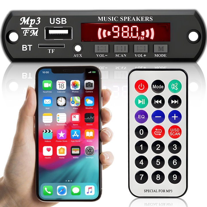 Radio MP3 Player Auto RETOO DriveTech, Bluetooth, USB, Micro SD, 7V-12V, Afisaj LCD Usor de Citit, Telecomanda, AUX IN, 2,4 GHz, Incarcare Rapida, Detectare Automata, Negru