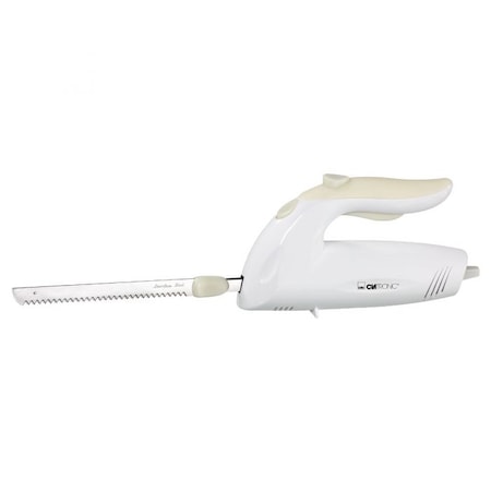 Cutit electric Clatronic, ideal pentru mesele in familie sau cu prietenii, puternic si usor de folosit, cu pornire prin apasare pe doua butoane pentru siguranta, cu lama din inox lavabila in masina de spalat vase, alb
