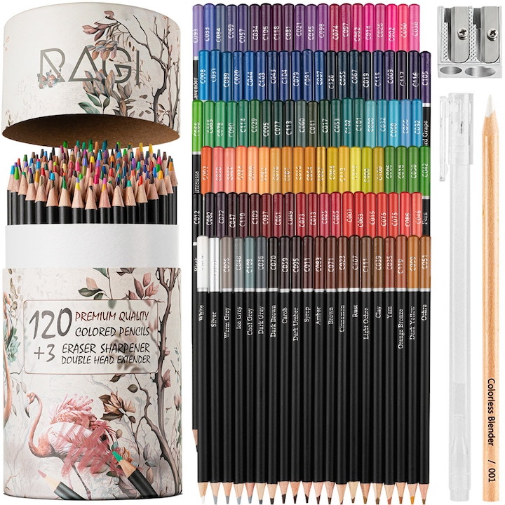 Set Profesional de Creioane Colorate Premium, 120 de Culori Vibrante, cu Tub de Carton Rezistent pentru Transport si Depozitare, Accesorii Esentiale Incluse: Blender, Marker Alb si Ascutitoare Dubla, Ideal pentru Pictura, Desen si Ilustrati