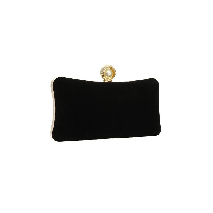 Geanta mica dama, design elegant, tip clutch, inchidere cu perla, cu lantisor, incapatoare, Negru