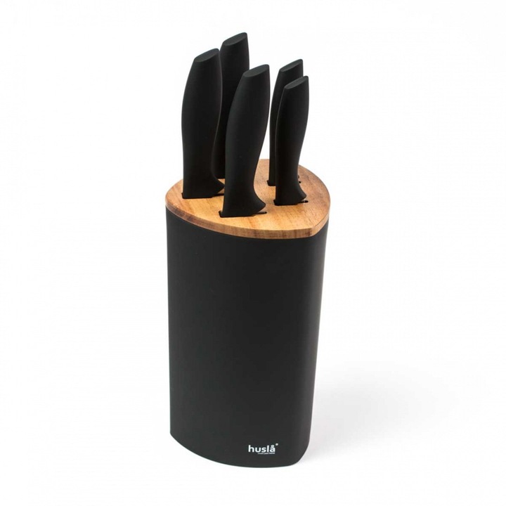 Set 5 cutite de bucatarie, Husla, Cu suport, Inox, Lemn, Negru, Bej