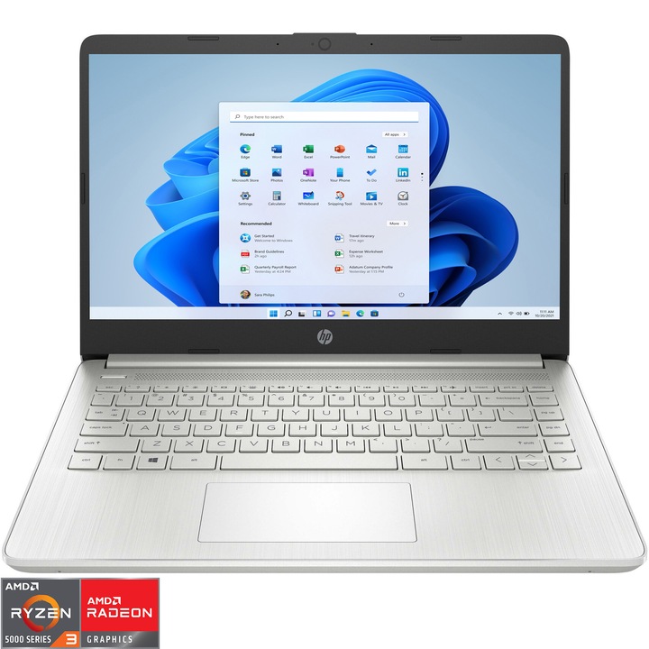 Laptop HP 14s-fq1028nq cu procesor AMD Ryzen™ 3 5300U pana la 3.80 GHz, 14", HD, 8GB DDR4, 512GB SSD, AMD Radeon™ Graphics, Windows 11 Home, Natural Silver