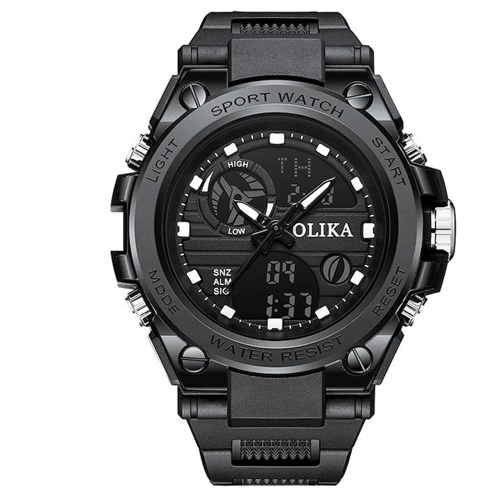 Мъжки часовник OLIKA, Military, Digital, Sport, Army, Dual Time, Ударо и водоустойчив, Черен