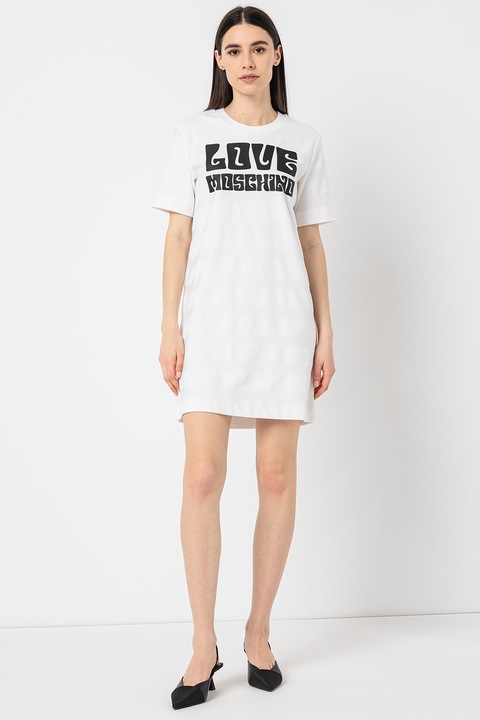 Love Moschino, Раирана тениска с лого, Бял/Черен