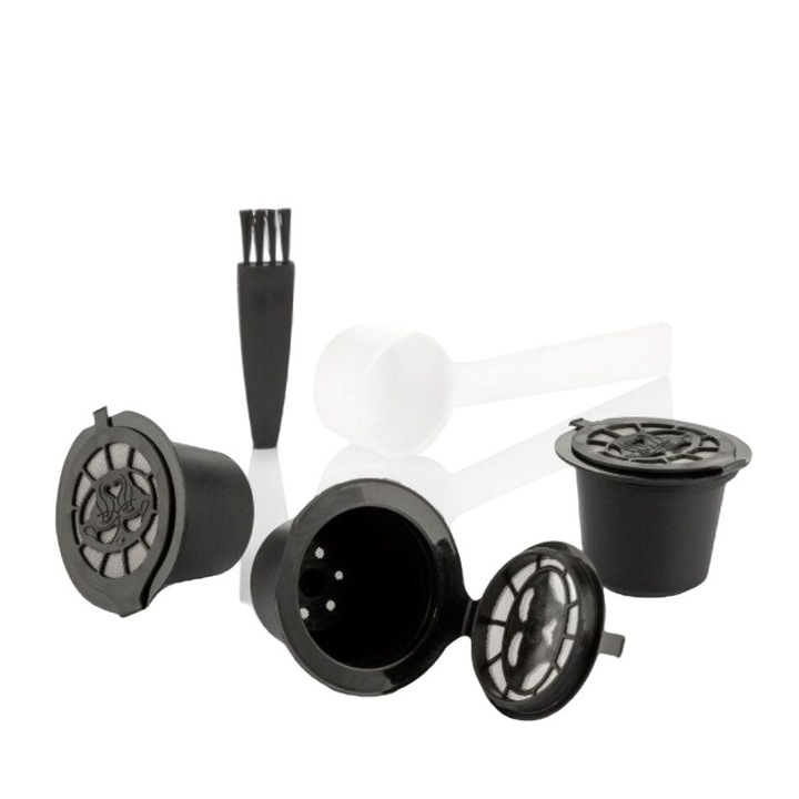 Set 3 capsule reutilizabile de cafea, InnovaGoods, 150 utilizari, Compatibil cu Nespresso, Negru