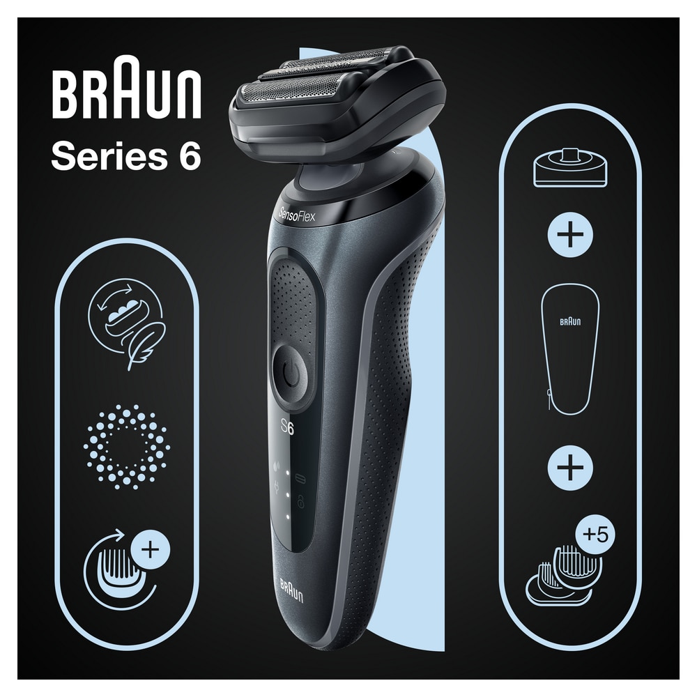 Aparat de ras electric Braun Series 6 61-N4500cs Wet&Dry, AutoSense, 4  elemente de taiere, SensoFlex, Statie de incarcare, accesorii pentru  ingrijirea barbii, Trusa de voiaj, Gri