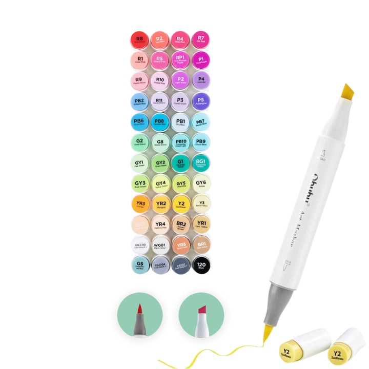 Set 48 Markere cu Alcool Ohuhu, Varf Dublu, Gros si Subtire, Geanta de Depozitare, Multicolor