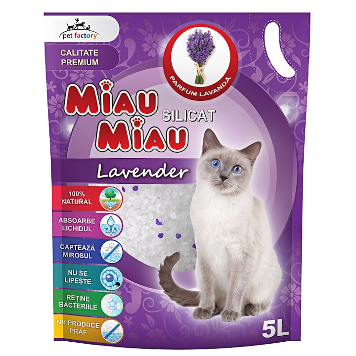 Asternut igienic pentru pisici Miau-Miau, Silicat Lavanda, 5L