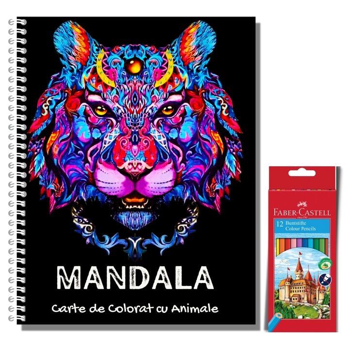 Carte de Colorat pentru Adulti, Mandala cu Animale si Set 12 Creioane Colorate Faber Castell, 104 Pagini