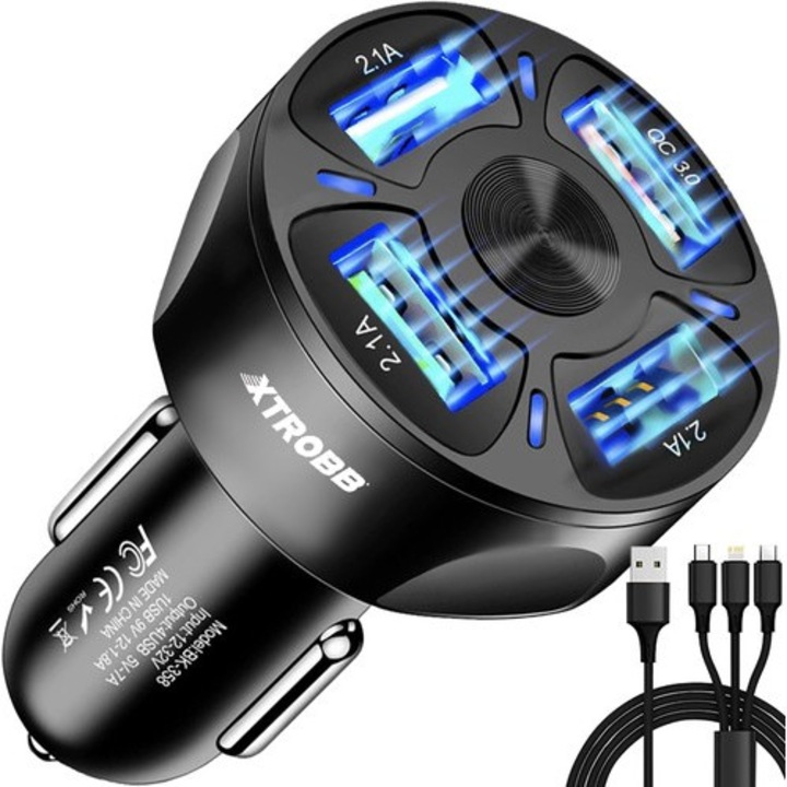 Incarcator auto Xtrobb cu 4x USB, Incarcare rapida si cablu incarcare 3 in 1 - Negru