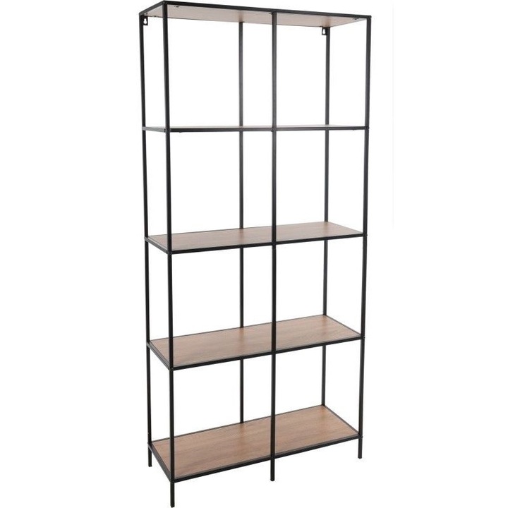 Библиотека с 5 рафта – 78x30x170 см, Черна метална рамка и дървени MDF рафтове, Колекция H&S