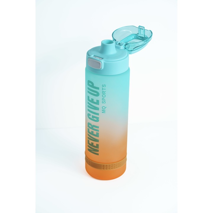 Inspiráló vizes palack fitnesz vagy kempingezéshez CeMaCo, 1L - NeverGiveUp motivációs üzenet, türkiz/narancs színben