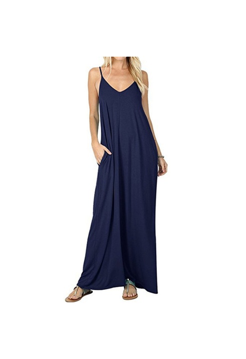 Rochie dama lunga, Decolteu in V, Policoton, Albastru, Albastru