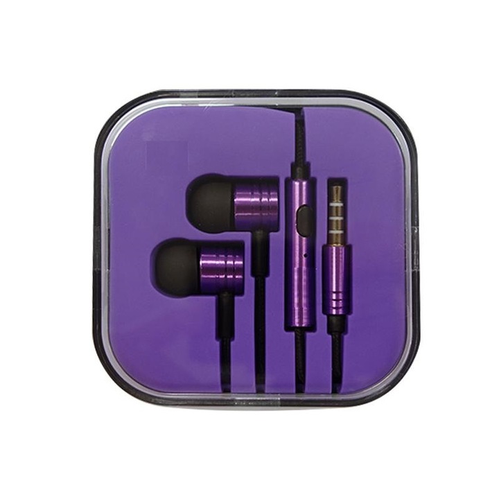Casti in ear din metal model Dub Step Bass conector Jack 3.5 mm si microfon, Purple