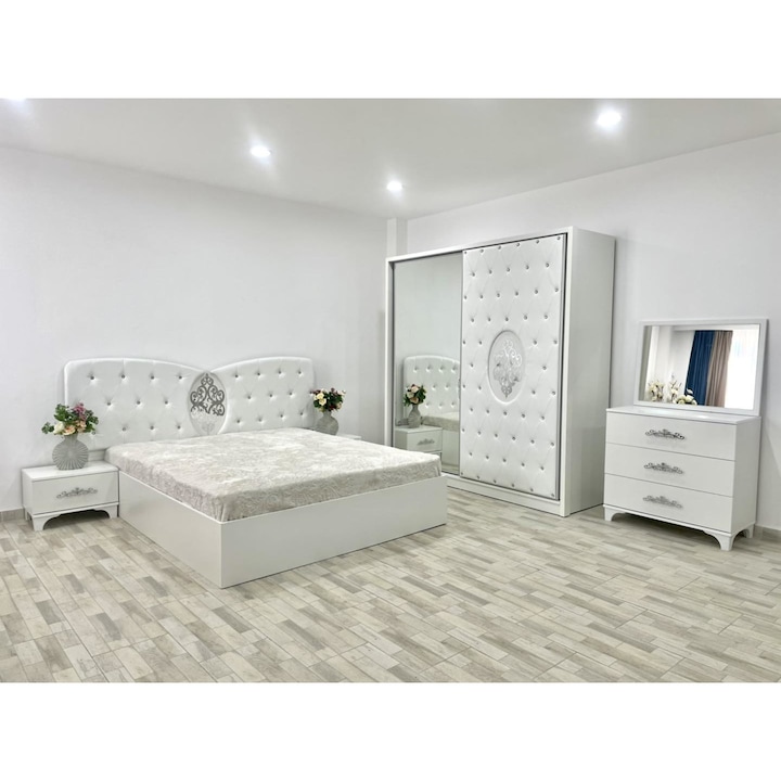 Set Dormitor COD102, cu Pat Matrimonial 160x200cm, Dulap, 2 Noptiere si Comoda cu oglinda Alb/Argintiu