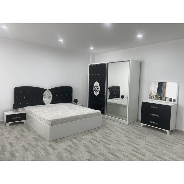 Set Dormitor COD102, cu Pat Matrimonial 160x200cm, Dulap, 2 Noptiere si Comoda cu oglinda Alb/Negru