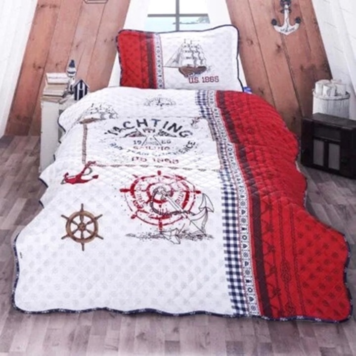 Cuvertura de pat single si 1 fata de perna, bumbac, 3 piese, matlasata, multicolor, Ralex Pucioasa, 180x240cm, LDP-CVR-1PAX-10012