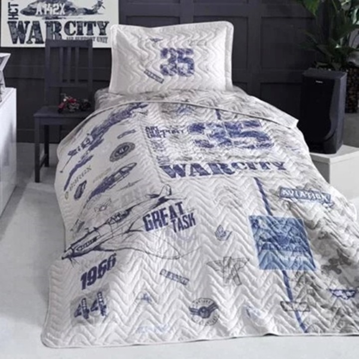 Cuvertura de pat single si 1 fata de perna, bumbac, 3 piese, matlasata, multicolor, Ralex Pucioasa, 180x240cm, LDP-CVR-1PAX-10015