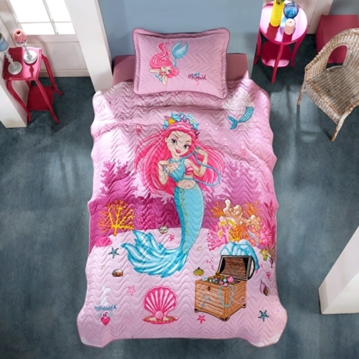 Cuvertura de pat single si 1 fata de perna, bumbac, 3 piese, matlasata, multicolor, Ralex Pucioasa, 180x240cm, LDP-CVR-1PAX-10019