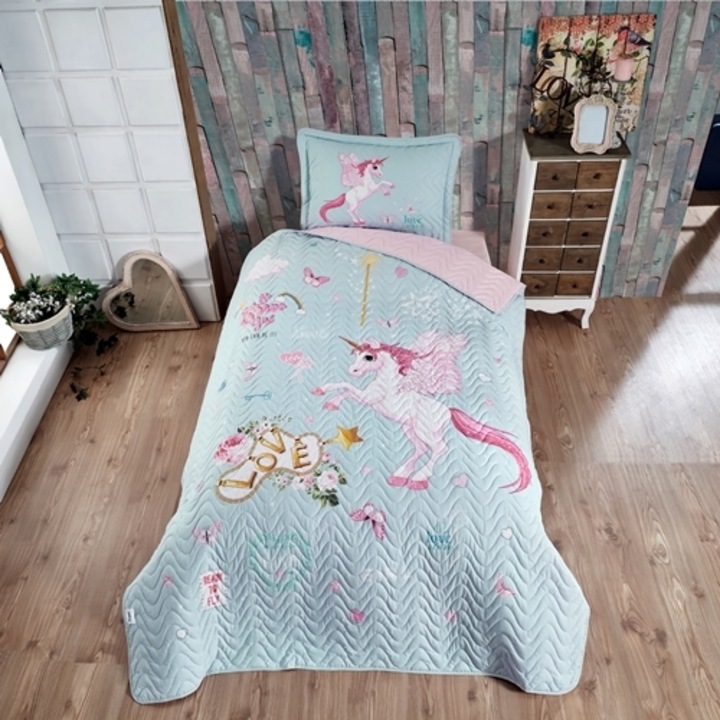 Cuvertura de pat single si 1 fata de perna, bumbac, 3 piese, matlasata, multicolor, Ralex Pucioasa, 180x240cm, LDP-CVR-1PAX-10022