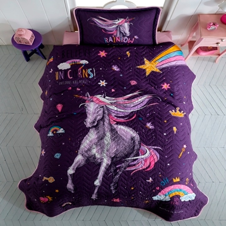 Cuvertura de pat single si 1 fata de perna, bumbac, 3 piese, matlasata, multicolor, Ralex Pucioasa, 180x240cm, LDP-CVR-1PAX-10023