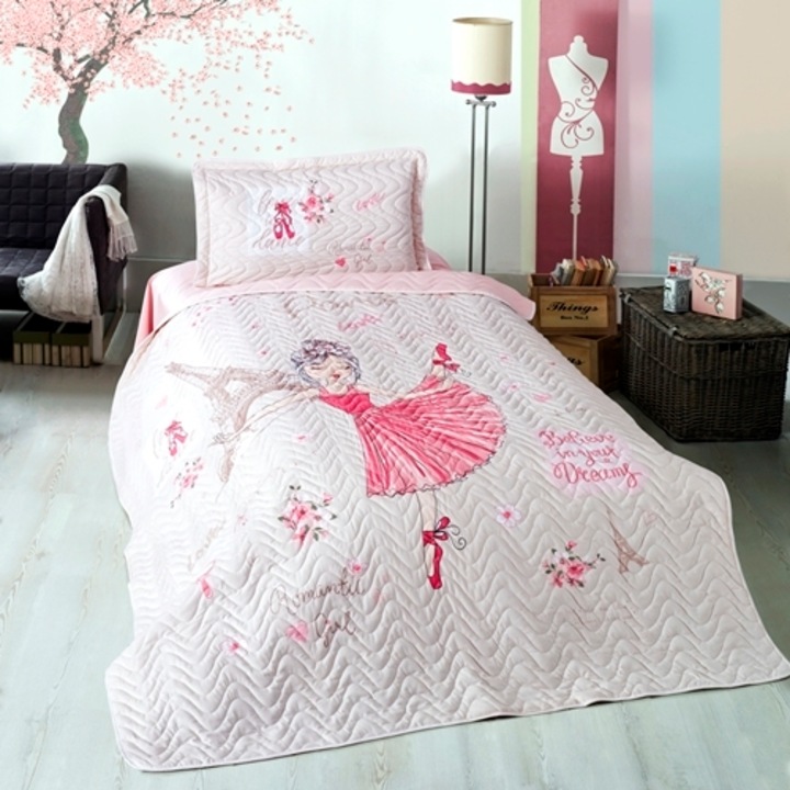 Cuvertura de pat single si 1 fata de perna, bumbac, 3 piese, matlasata, multicolor, Ralex Pucioasa, 180x240cm, LDP-CVR-1PAX-10024