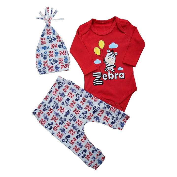 Set 3 Piese, Body, Pantaloni Lungi Si Caciulita "Zebra Jucausa" Bebelusi, Unisex,100% Bumbac, Rosu
