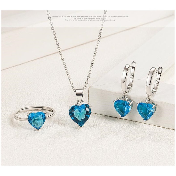 Set bijuterii femei, colier si cercei si inel, S925 argint, albastru, 3 buc