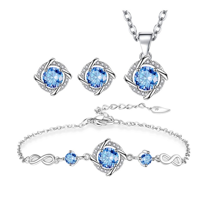 Set bijuterii femei, colier si cercei si bratara, S925 argint, albastru, 3 buc