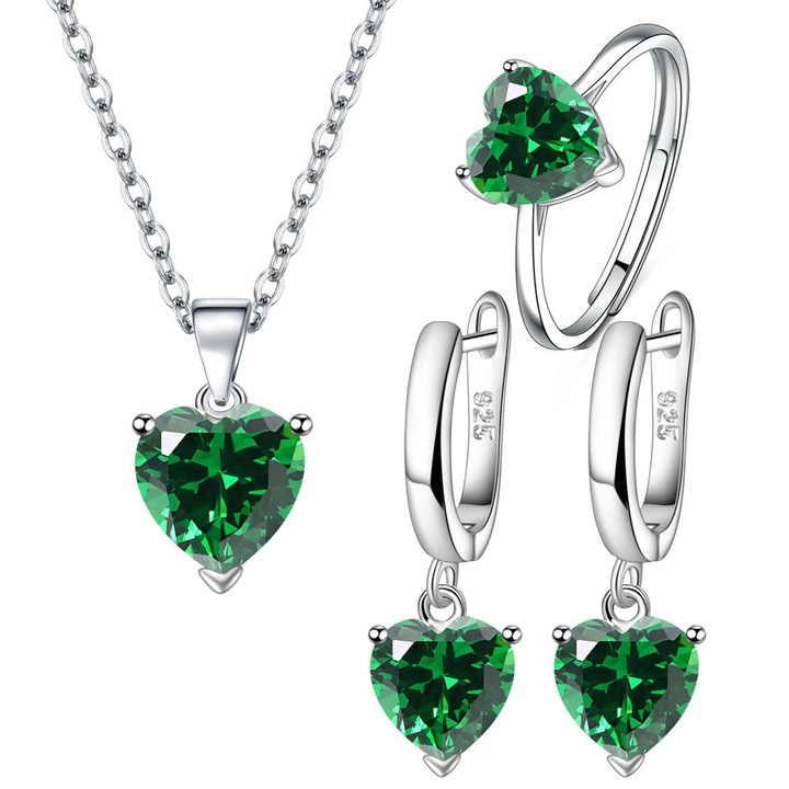 Set bijuterii femei, colier si cercei si inel, S925 argint, verde, 3 buc