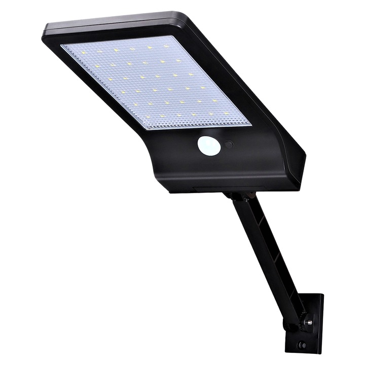 Lampa Solara Stradala, 1800mAh, 400 Lumens, 6500K, 36 Led-uri, IP65, Panou Solar Incorporat, Brat de Montare Inclus cu Senzor de Proximitate, Negru